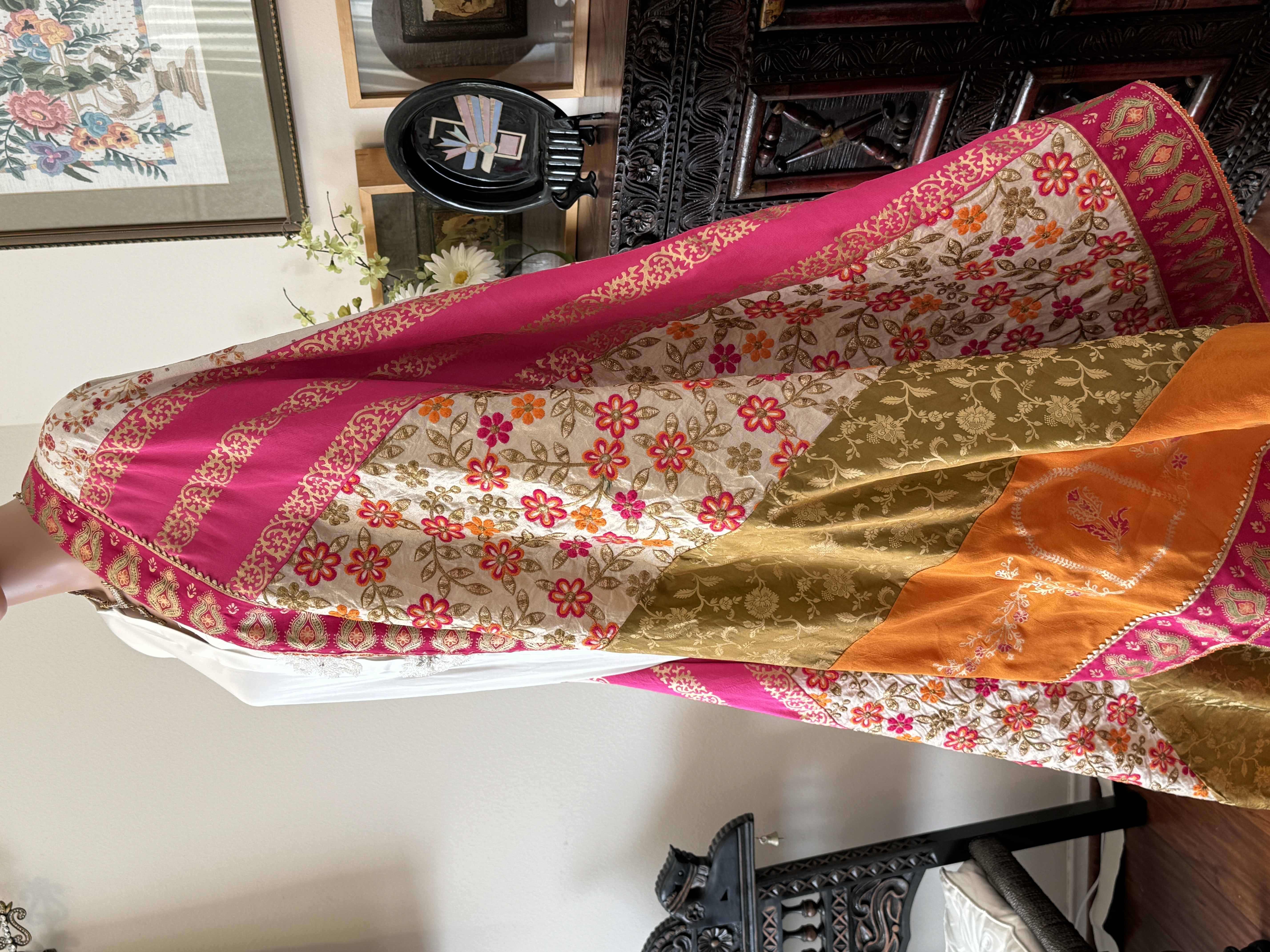 Off-White & Fascia  Pink Raw Silk Shawl with Block Print & Embroidery