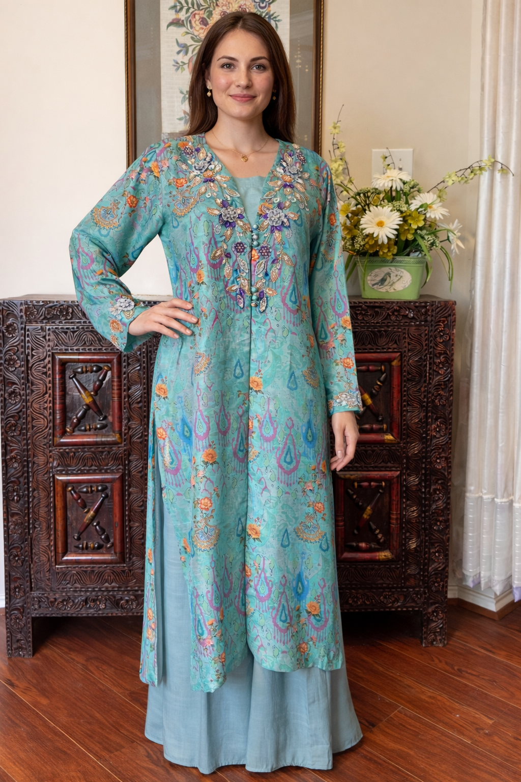 3-Piece Ensemble Korean Raw Silk Printed Suit