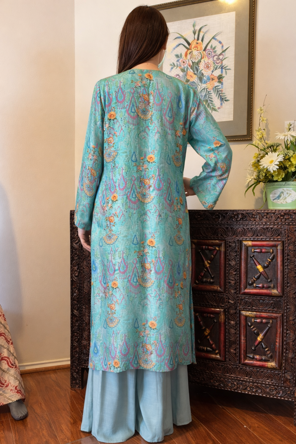 3-Piece Ensemble Korean Raw Silk Printed Suit