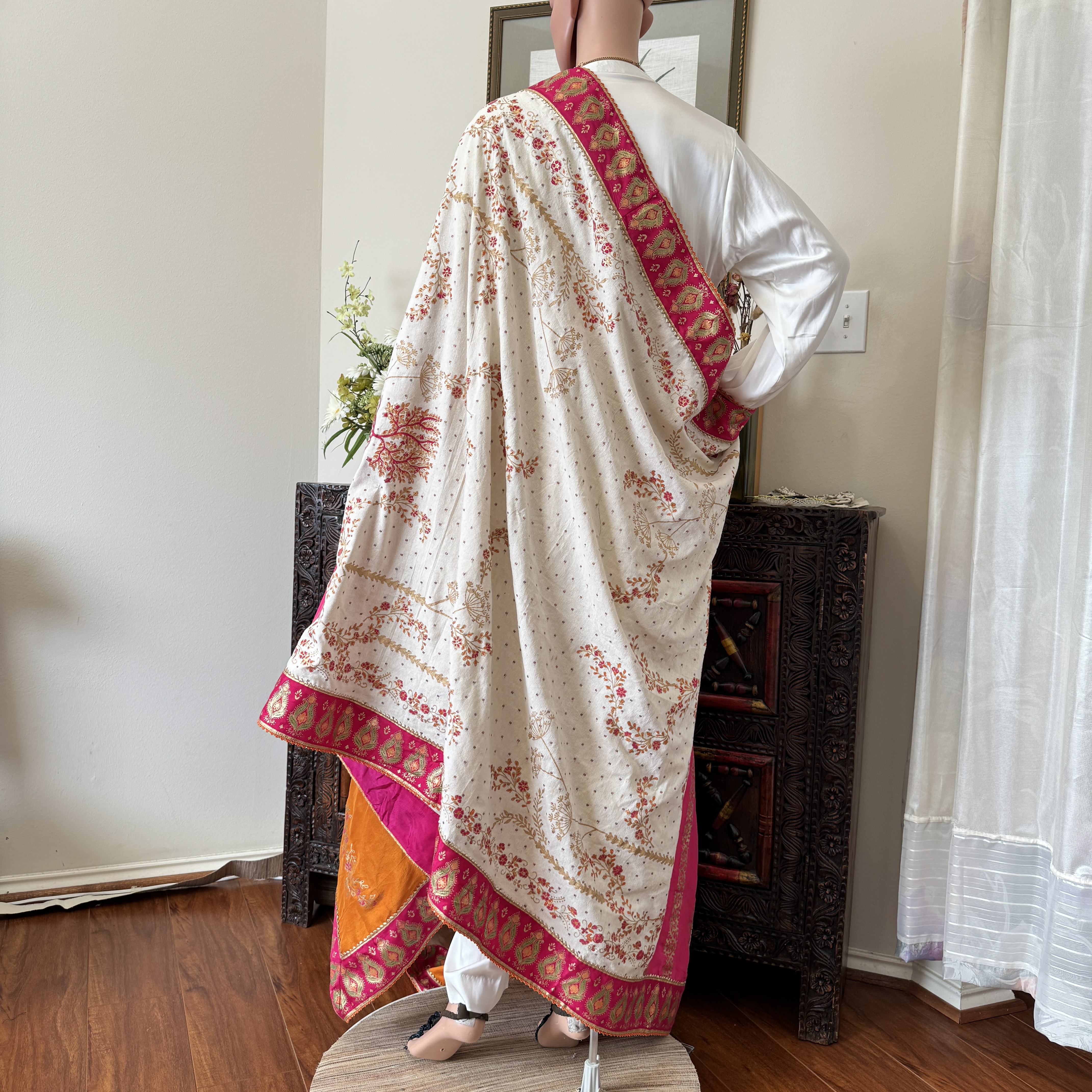Off-White & Fascia  Pink Raw Silk Shawl with Block Print & Embroidery