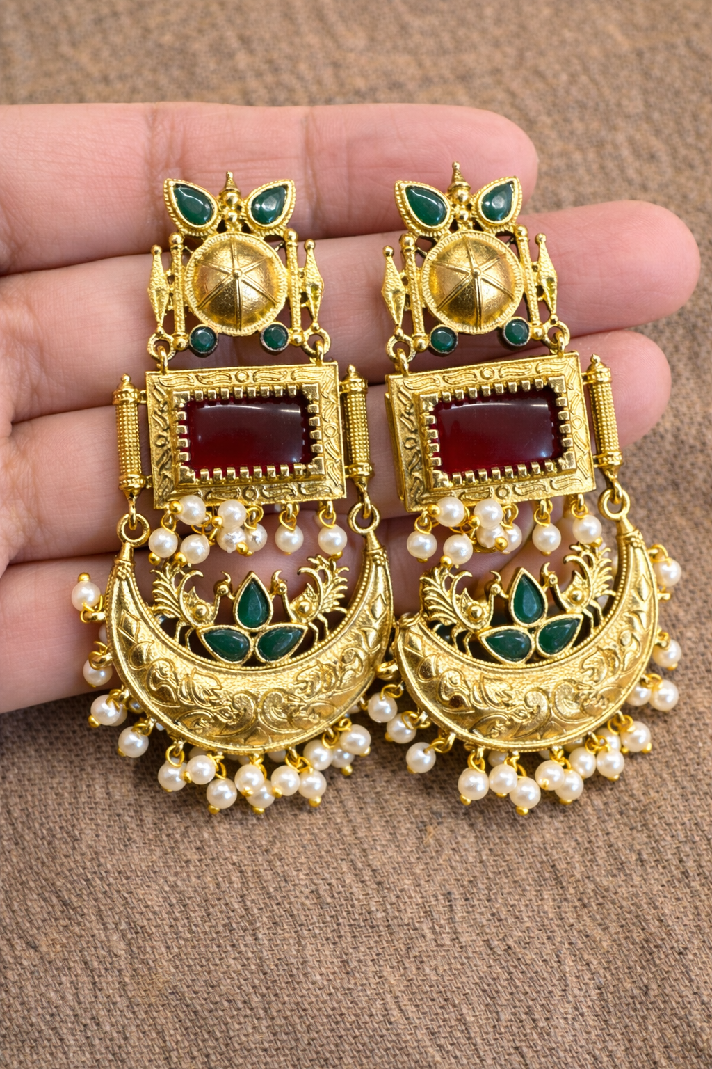 Oxidized Gold Statement Earrings with Red & Green Stone Detailing