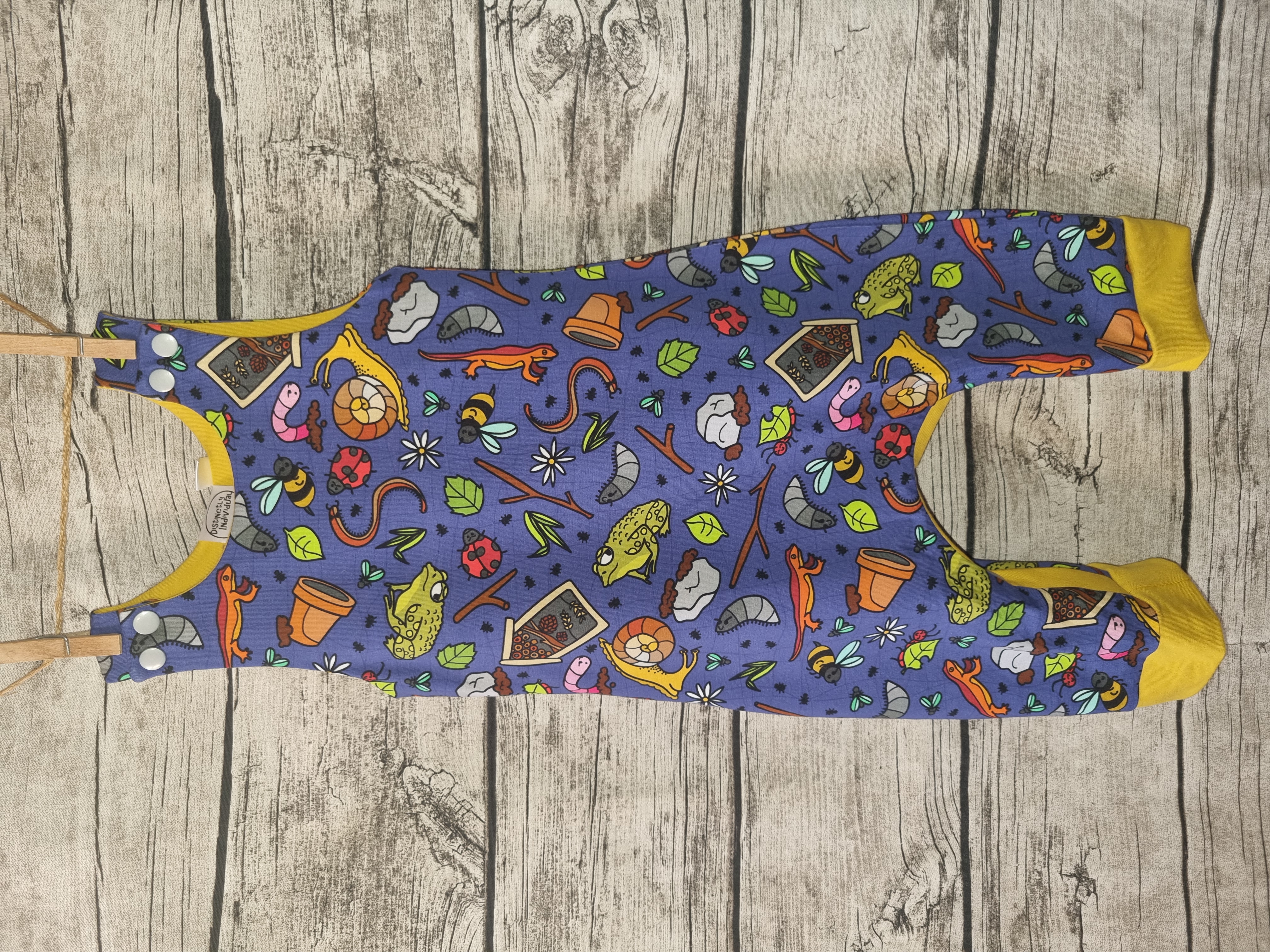 Colourful Frog Reptile and Insect Print Children's Romper Over alls