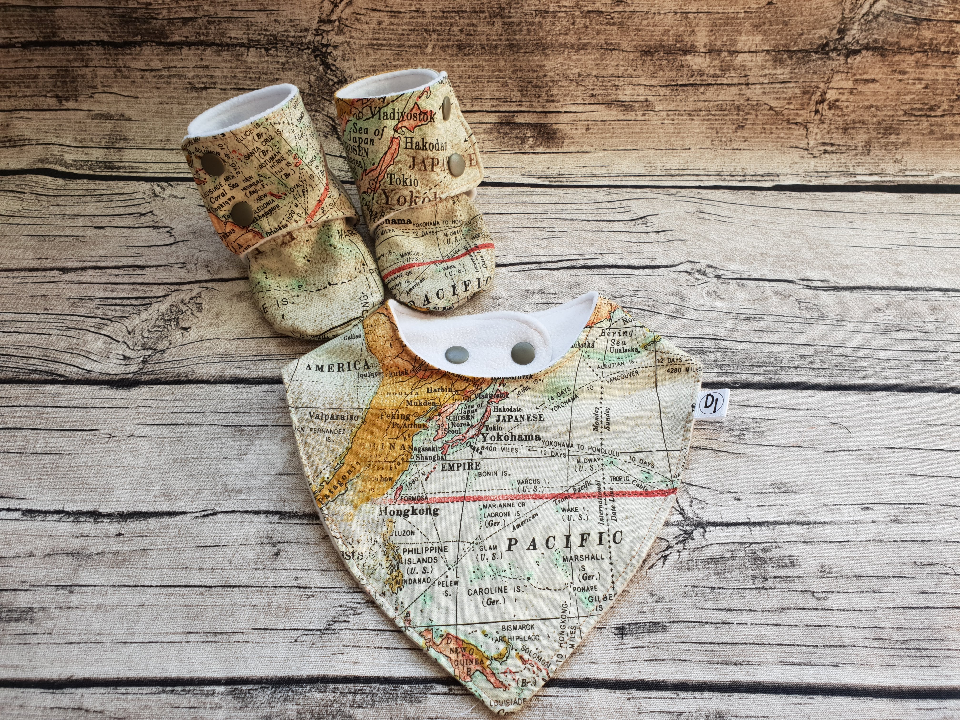 Vintage Map Baby Bib and Booties Set