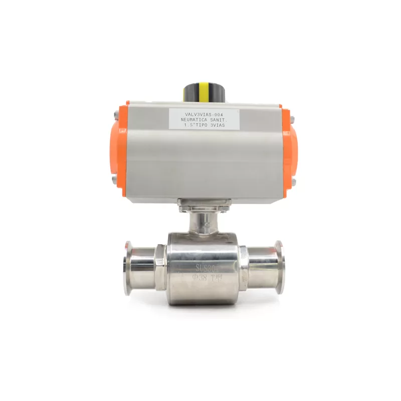 VÁLVULA ESFÉRICA NEUMÁTICA SANITARIA DE 1 1/2″ TIPO T 3 VÍAS SS304 TRI CLAMP