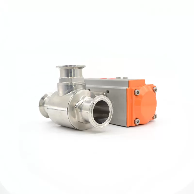 VÁLVULA ESFÉRICA NEUMÁTICA SANITARIA DE 1 1/2″ TIPO T 3 VÍAS SS304 TRI CLAMP