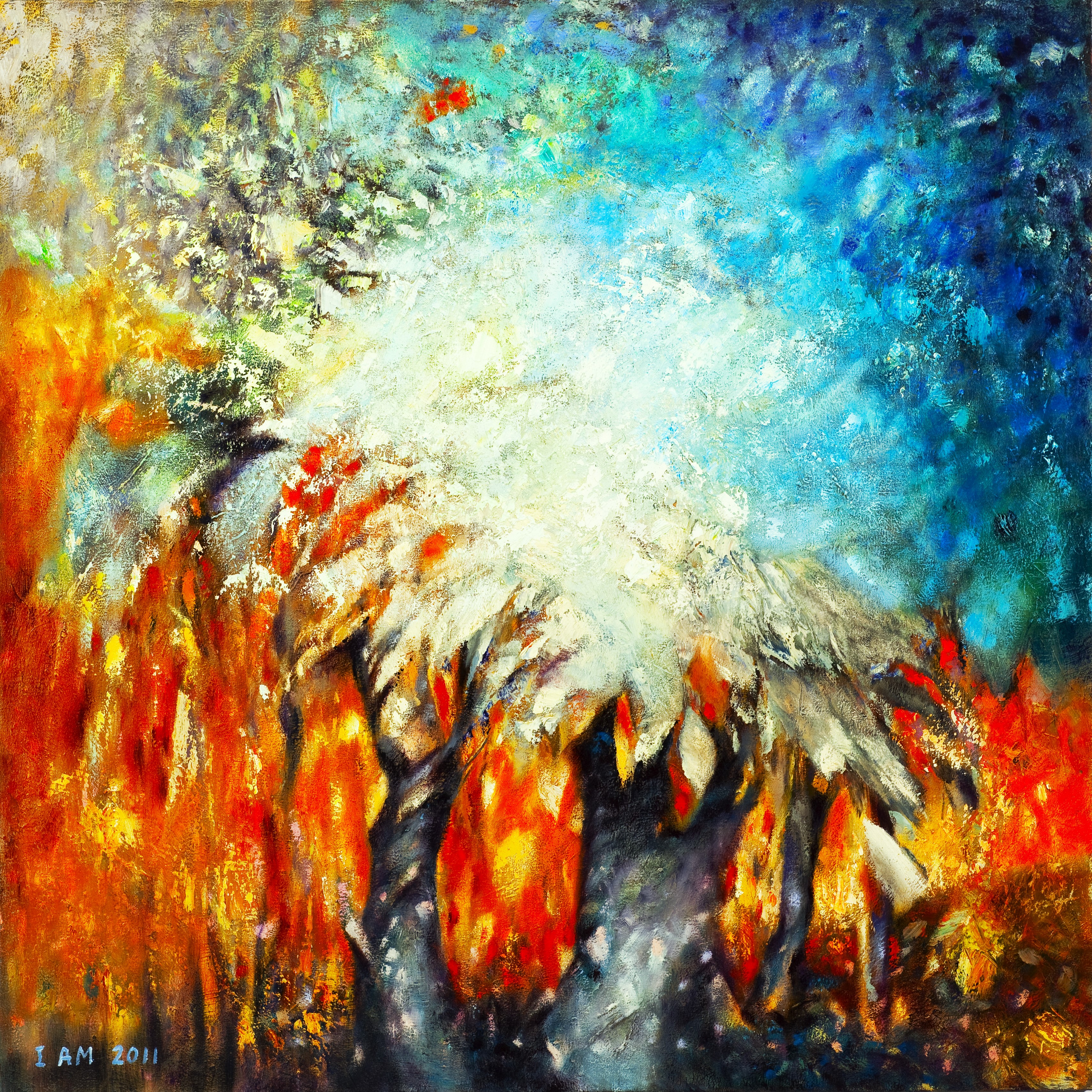 Tree in Ice & Fire Landscape Painting 36"x36" Oil on Canvas