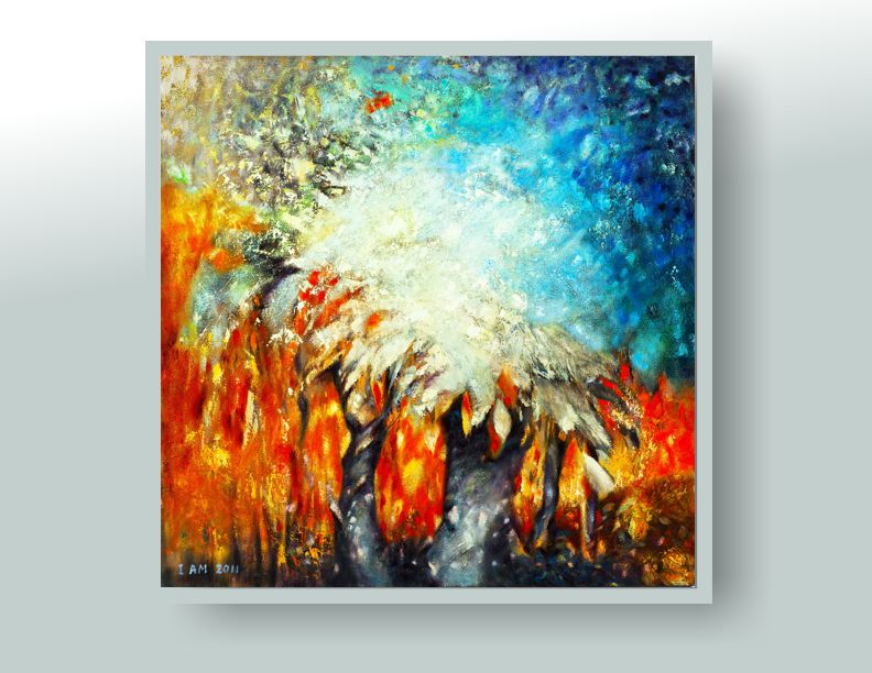 Tree in Ice & Fire Landscape Painting 36"x36" Oil on Canvas 