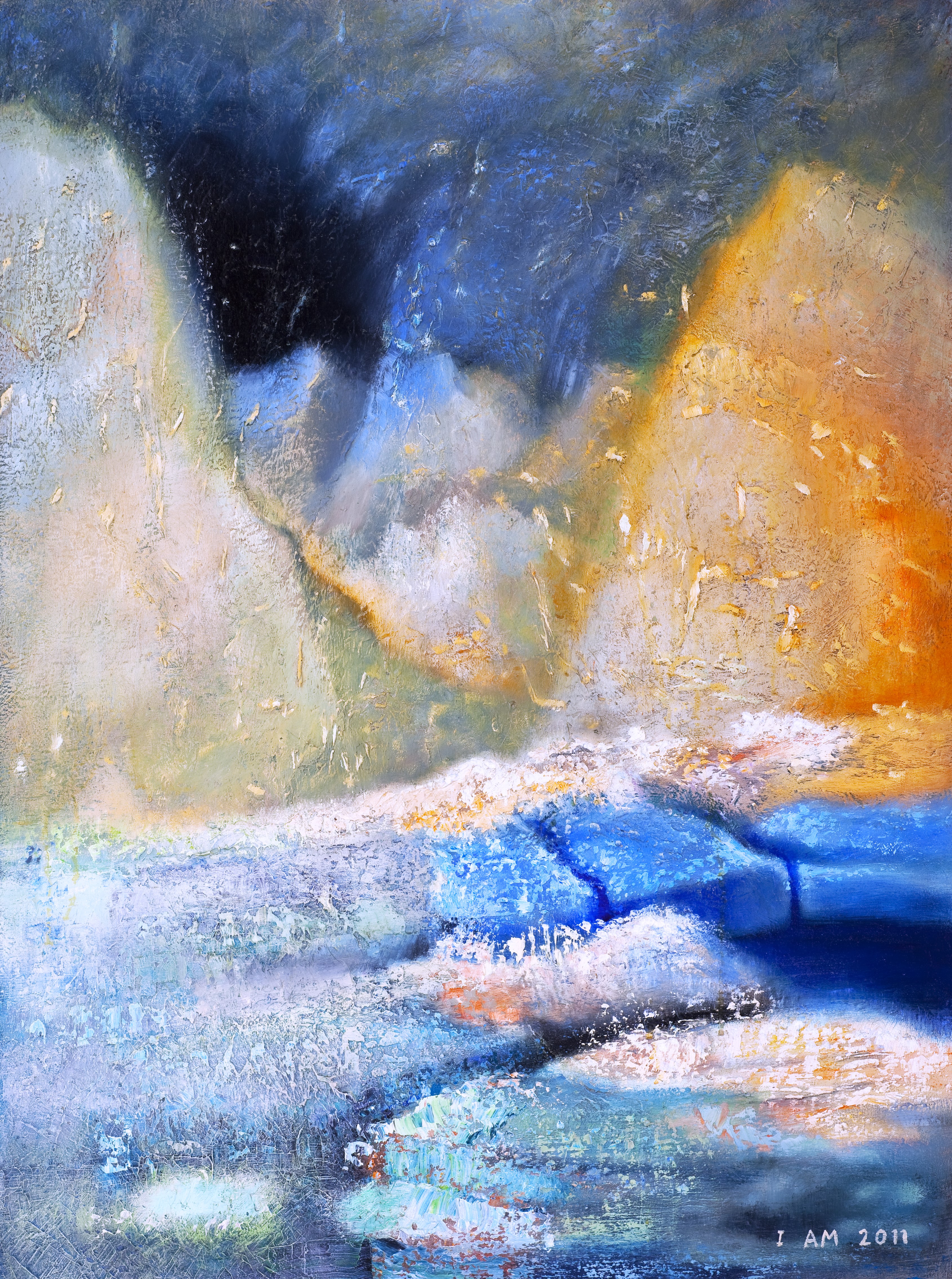 Abstract Mountain & Well Landscape Painting 30"x40" Oil on Wood