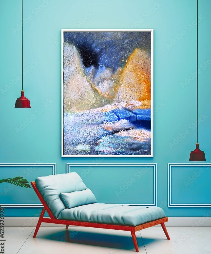 Abstract Mountain & Well Landscape Painting 30"x40" Oil on Wood