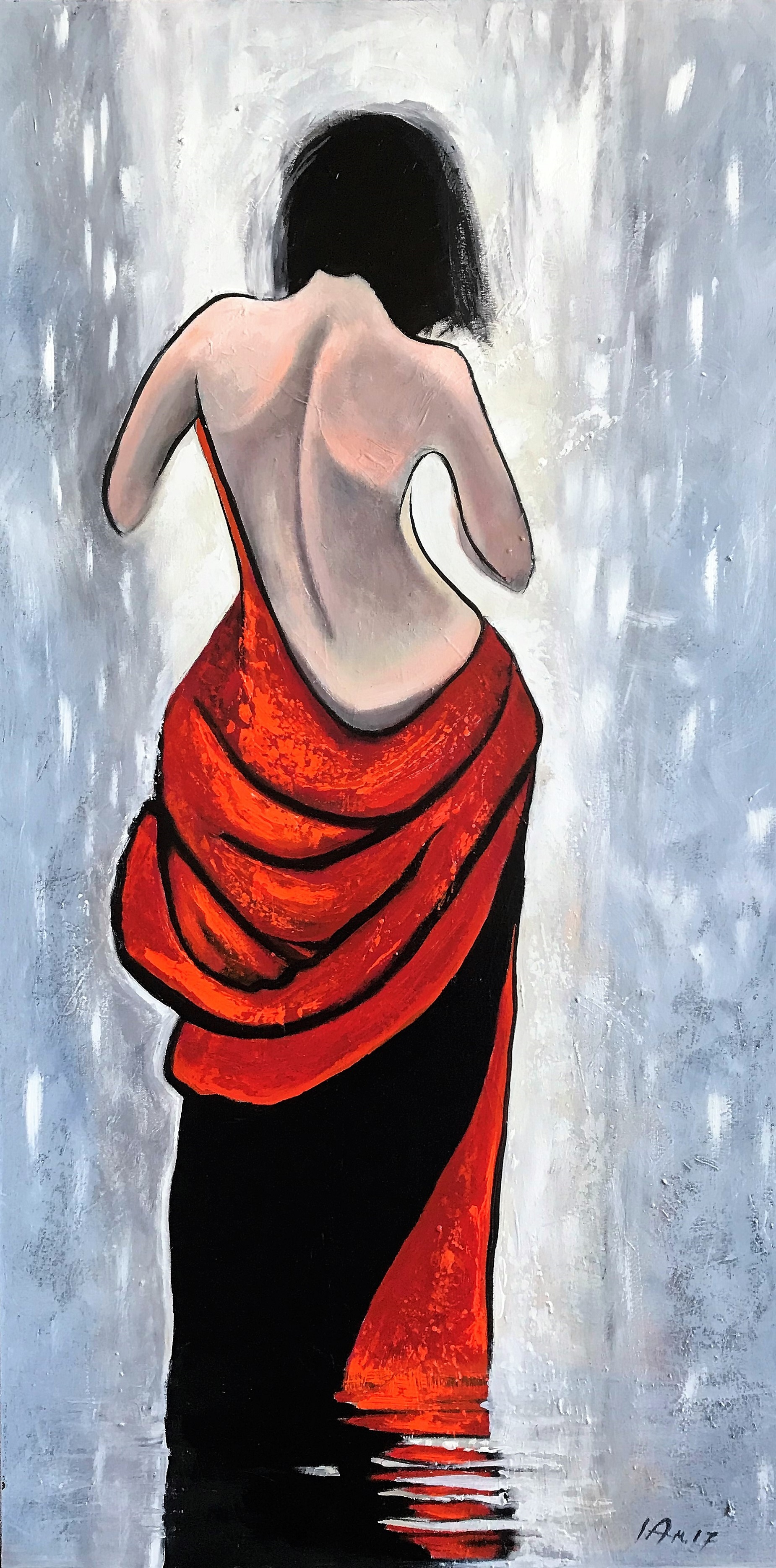 A Woman in Red Dress Back Body Figurative Painting 24"c48" Acrylics on Canvas