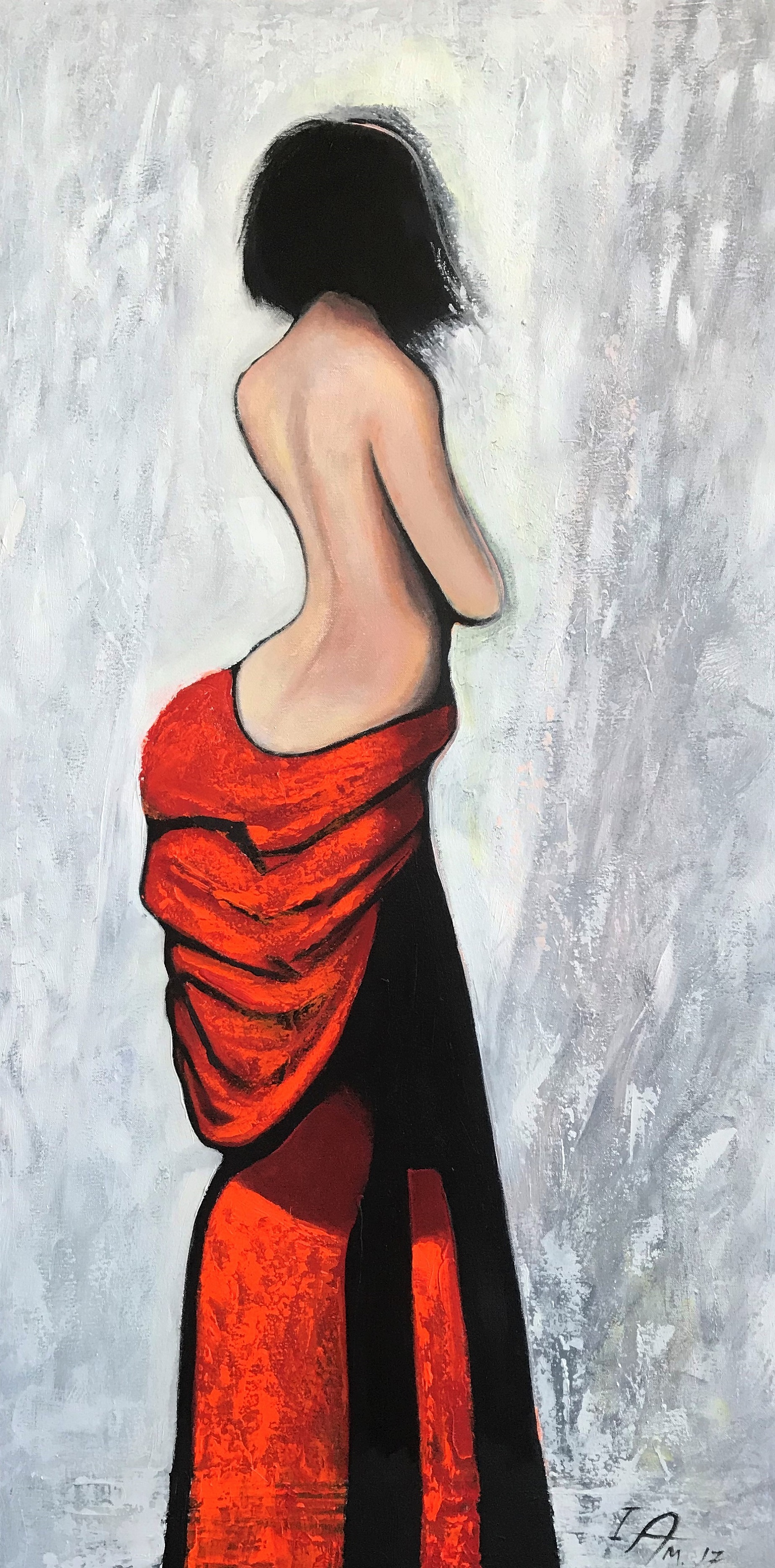 A Woman in Red Dress Side Body Figurative Painting 24"x48" Acrylics on Canvas