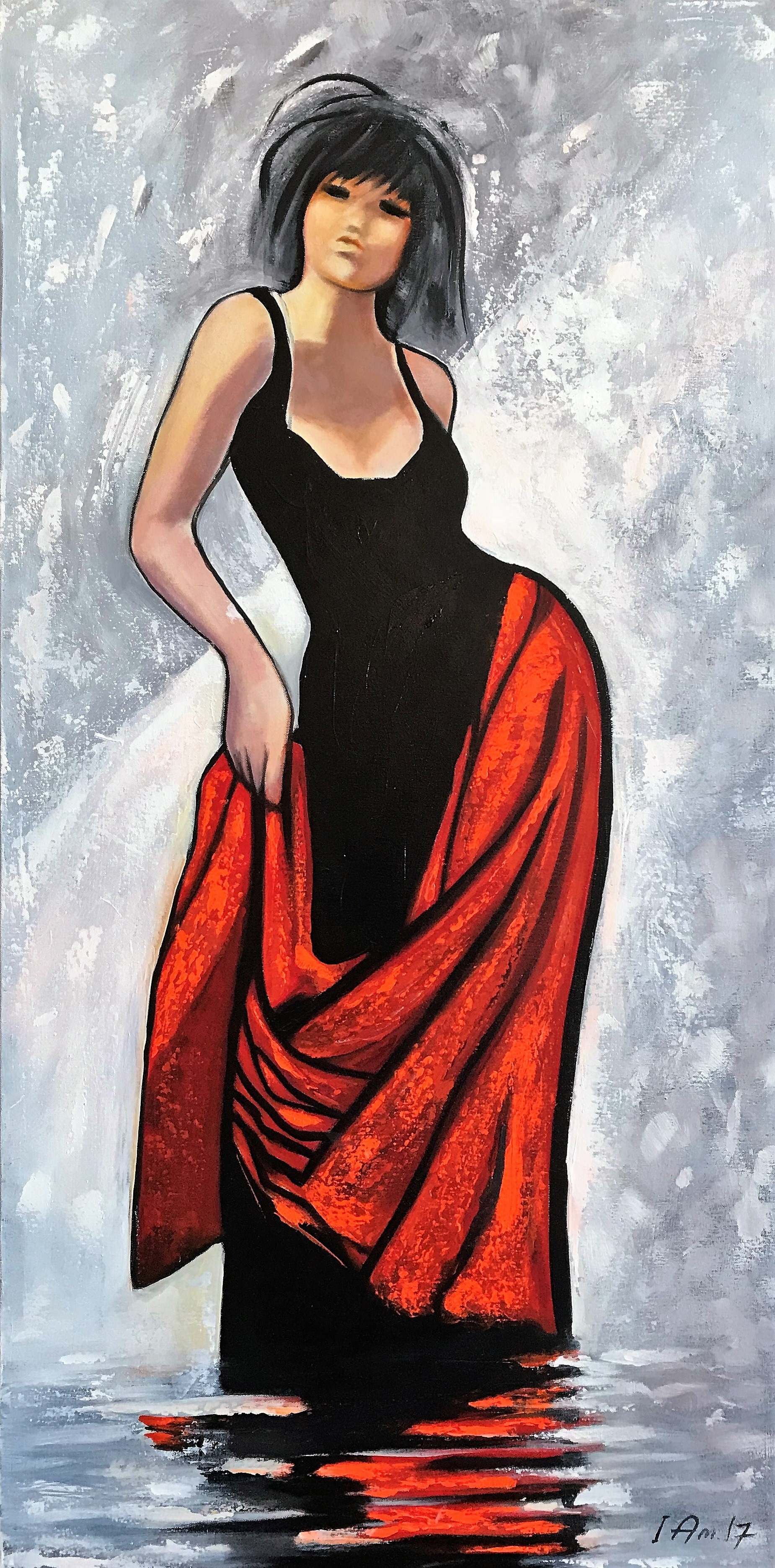 A Woman in Red Dress Front Body Figurative Painting 24"x48" Acrylics on Canvas