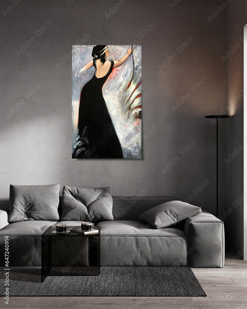 Elegant Woman in Black Dress - Original Painting 24"x48" Acrylics on Canvas