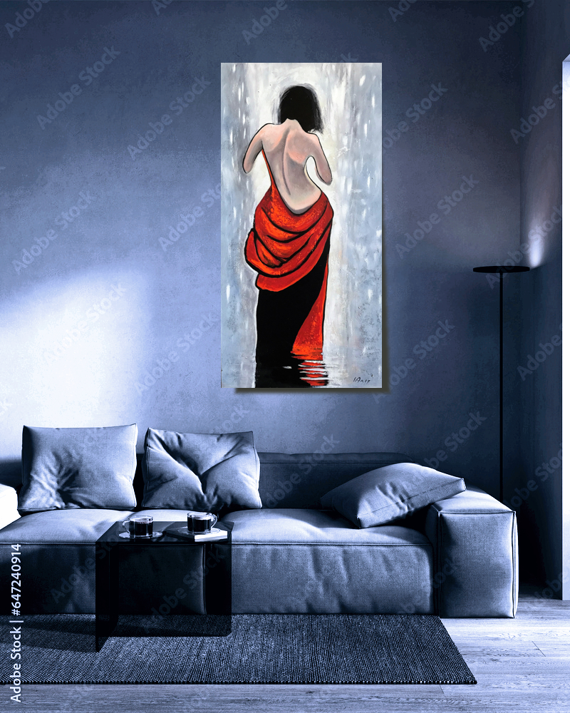 A Woman in Red Dress Back Body Figurative Painting 24"c48" Acrylics on Canvas