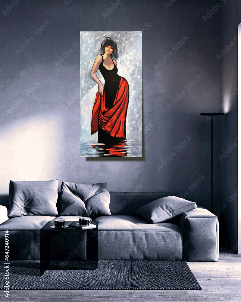 A Woman in Red Dress Front Body Figurative Painting 24"x48" Acrylics on Canvas