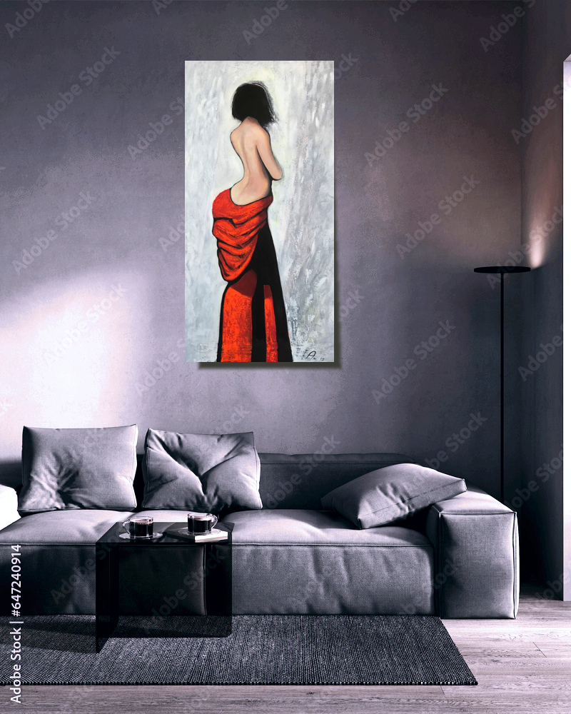 A Woman in Red Dress Side Body Figurative Painting 24"x48" Acrylics on Canvas