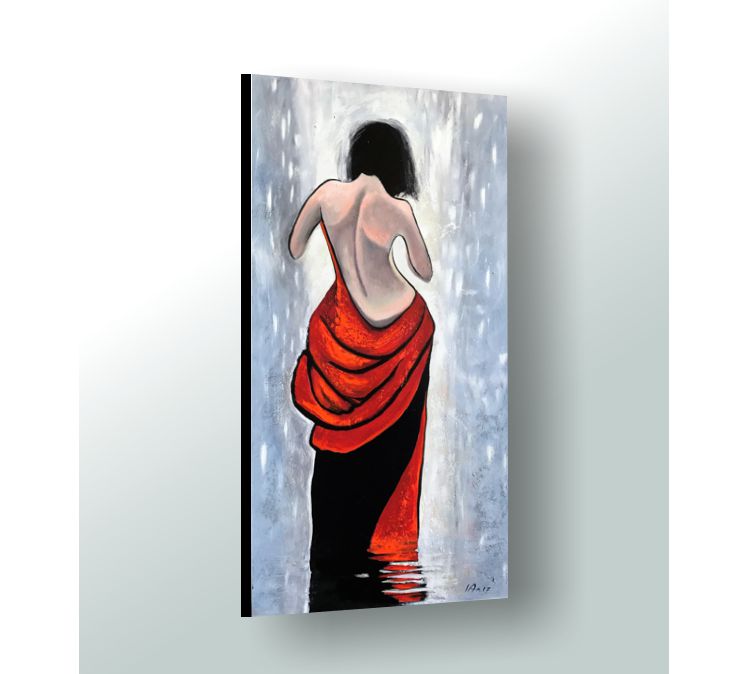 A Woman in Red Dress Back Body Figurative Painting 24"c48" Acrylics on Canvas