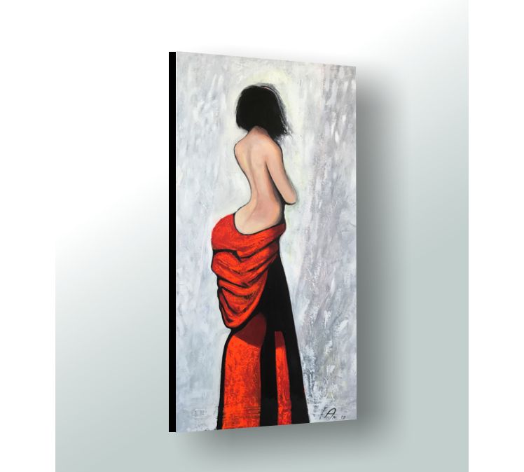 A Woman in Red Dress Side Body Figurative Painting 24"x48" x0.75" Acrylics on Canvas