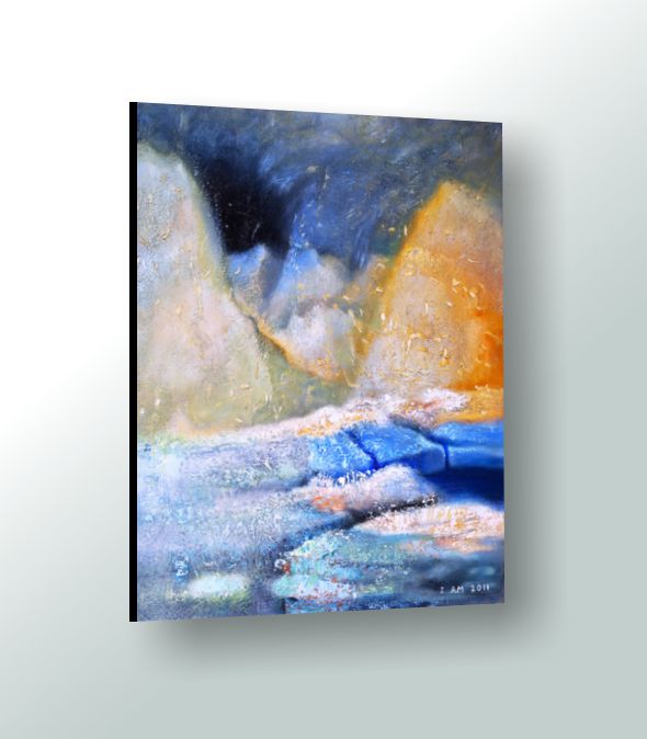 Abstract Mountain & Well Landscape Painting 30"x40"x1"  Oil on Wood