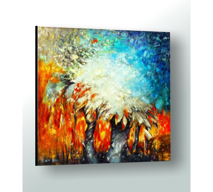 Tree in Ice & Fire Landscape Painting 36"x36" Oil on Canvas 