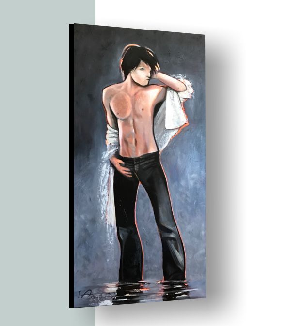 Modern Male Figurative Painting Gray Tone Size 24" x 48" x 0.75"