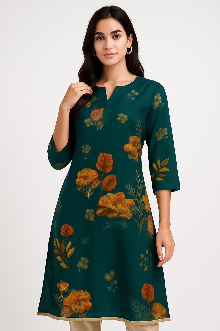 Floral Printed Green Kurti