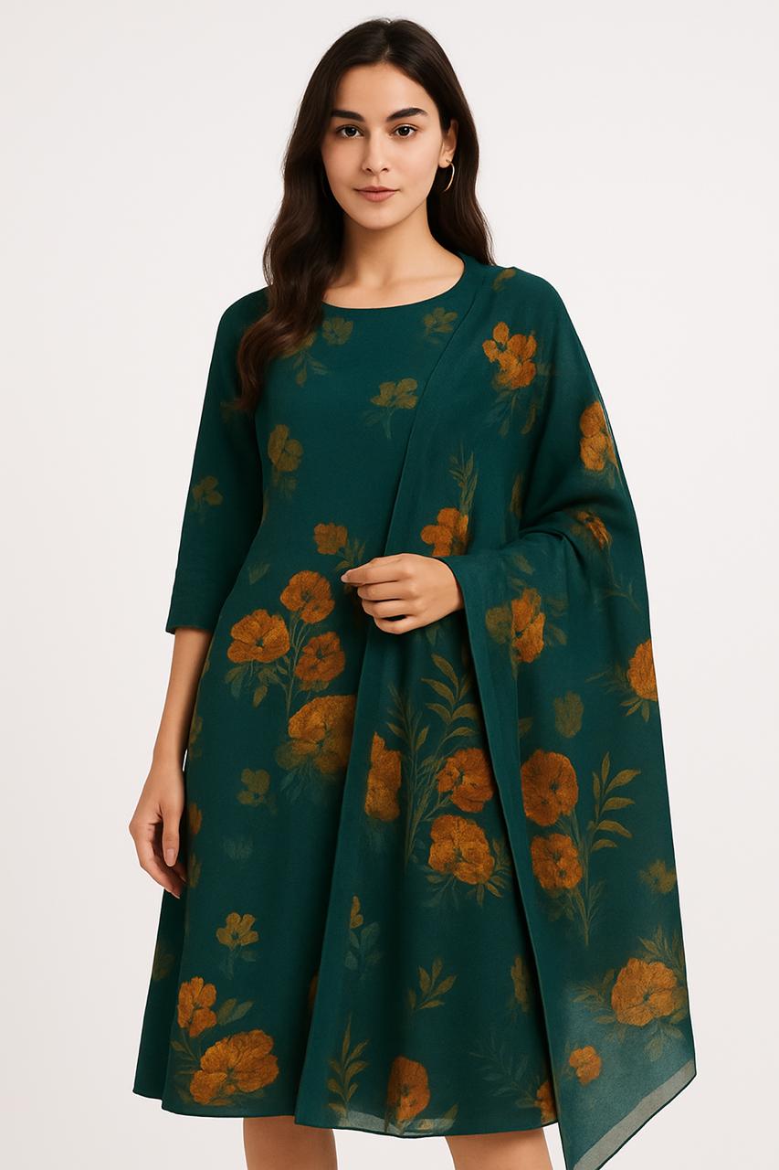 Green Floral Printed Kurti with Dupatta