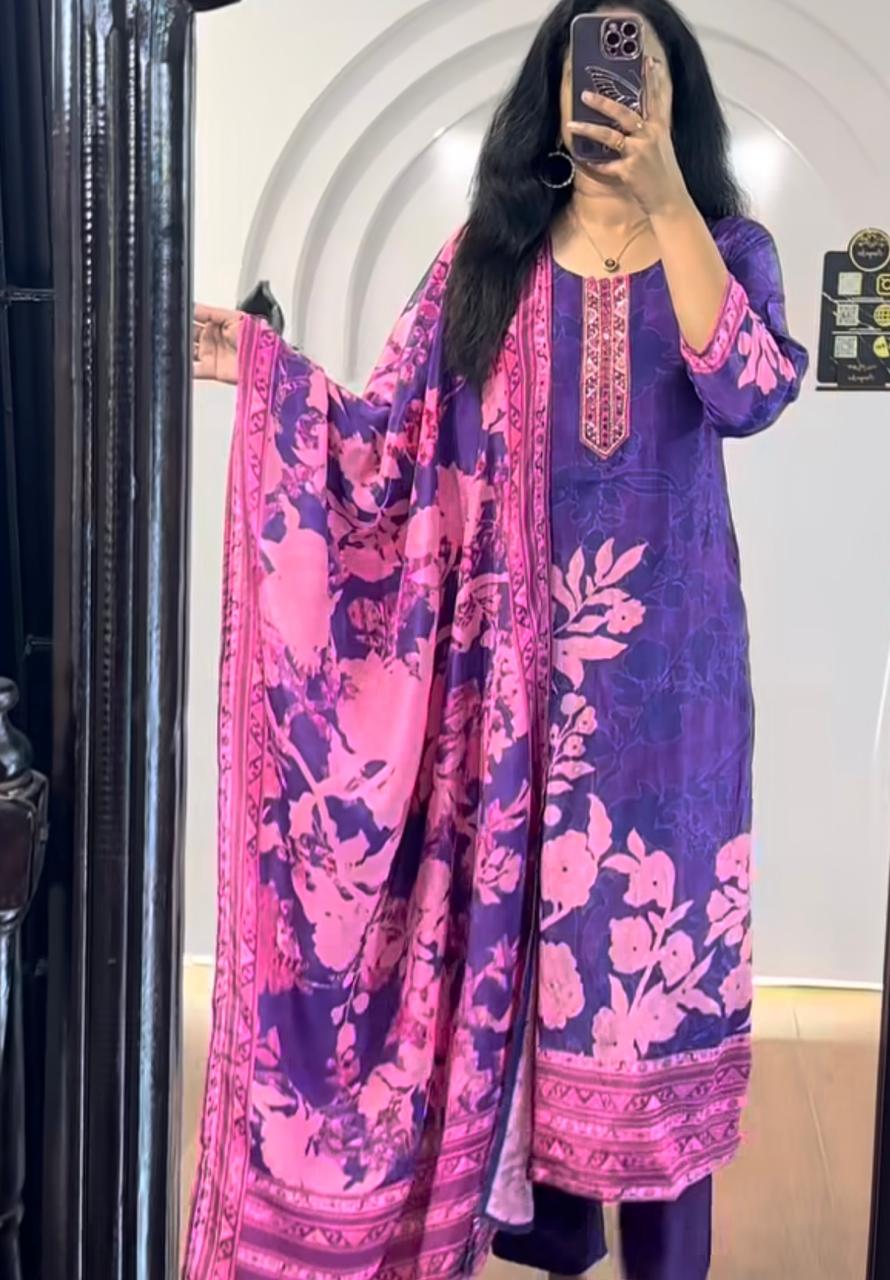 Purple and Pink Floral Printed Kurta Set