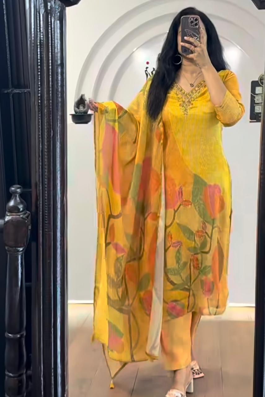 Yellow Floral Chiffon Suit