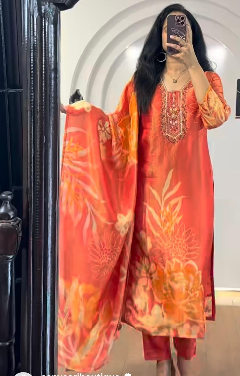 Elegant Orange Floral Embroidered Suit