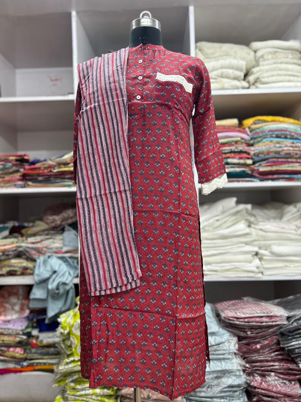Red Printed Kurti Set