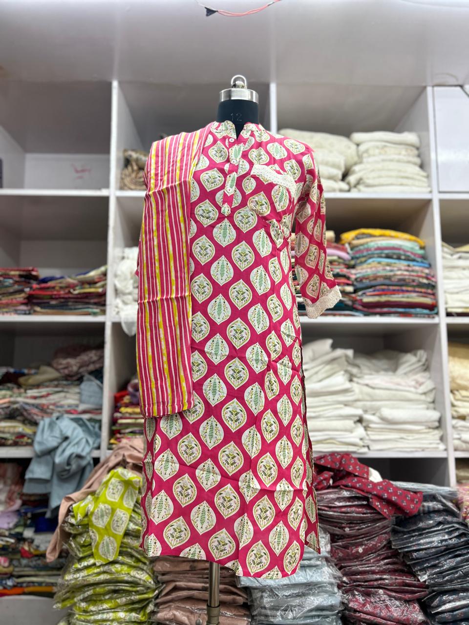 Pink Printed Cotton Kurti Set