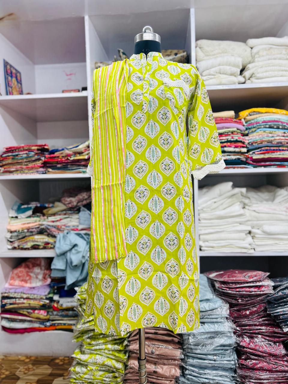 Bright Green Printed Kurti Set