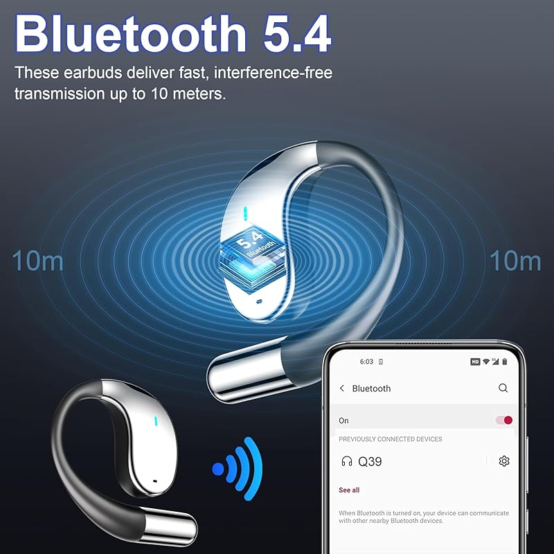 Wireless Earbuds, Open Ear Bluetooth Headphones, ENC Noise Cancelling Mic, HiFi Sound & Deep Bass, IP54 Water Resistant, 68H Battery, for Running, Travel, Work, Cycling, Workout (with AI Translation)