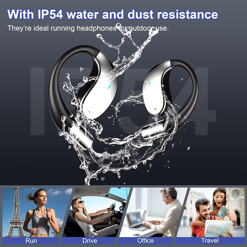 Wireless Earbuds, Open Ear Bluetooth Headphones, ENC Noise Cancelling Mic, HiFi Sound & Deep Bass, IP54 Water Resistant, 68H Battery, for Running, Travel, Work, Cycling, Workout (with AI Translation)
