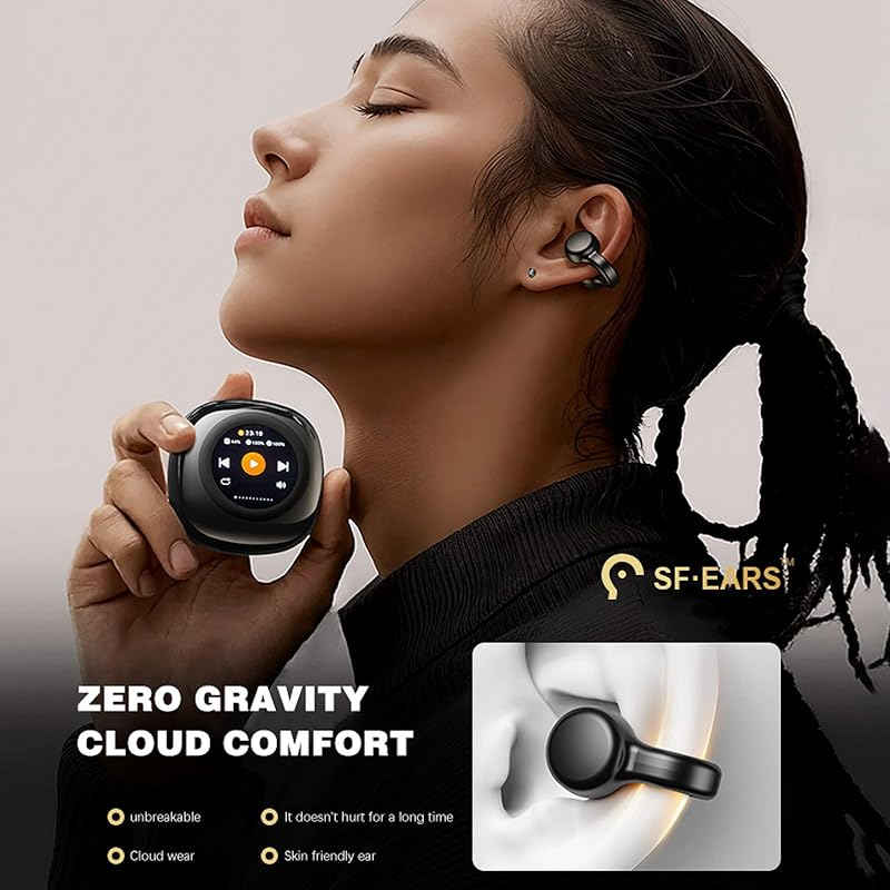 Open Ear Clip On Earbuds Earless Out Ear Cuff Air Bone Conduction Headphones Wireless Bluetooth OWS Hanging Earphones 5.4 Bluetooth Outside Workout Outer Ear Clip Headphones Earbuds with Touch Screen