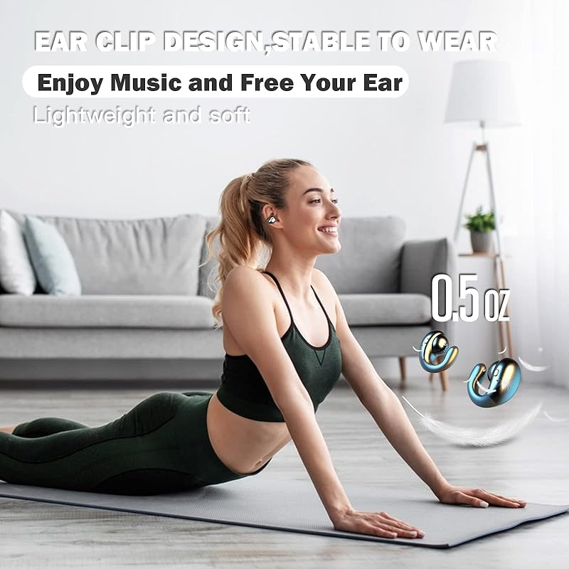 Open Ear Bone Conduction Earbuds Open Ear Headphones Wireless Bluetooth Bone Conducting Earphones Gym Ear Buds Wireless Ear Clip Bone Conduction Headphones Head Set Bluetooth for Sport Running Workout