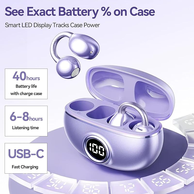 Clip-on Earbuds,Open Ear Earbuds Wireless Bluetooth 5.4, Lightweight Open Ear Headphones with C-Shaped Bridge,Slim Hook,50H Battery,Waterproof,for Glasses Wearers &Sports & Travel