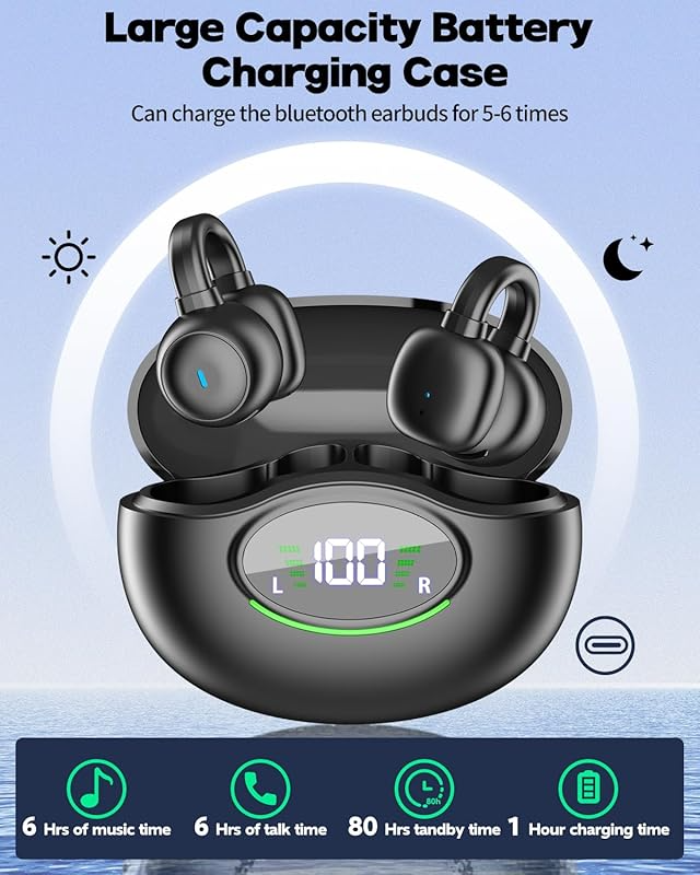 Bluetooth 5.3 Earphones  Wireless Headphones Noise Canceling Earclip Sports Headsets Waterproof Clip-on Ear Earbuds