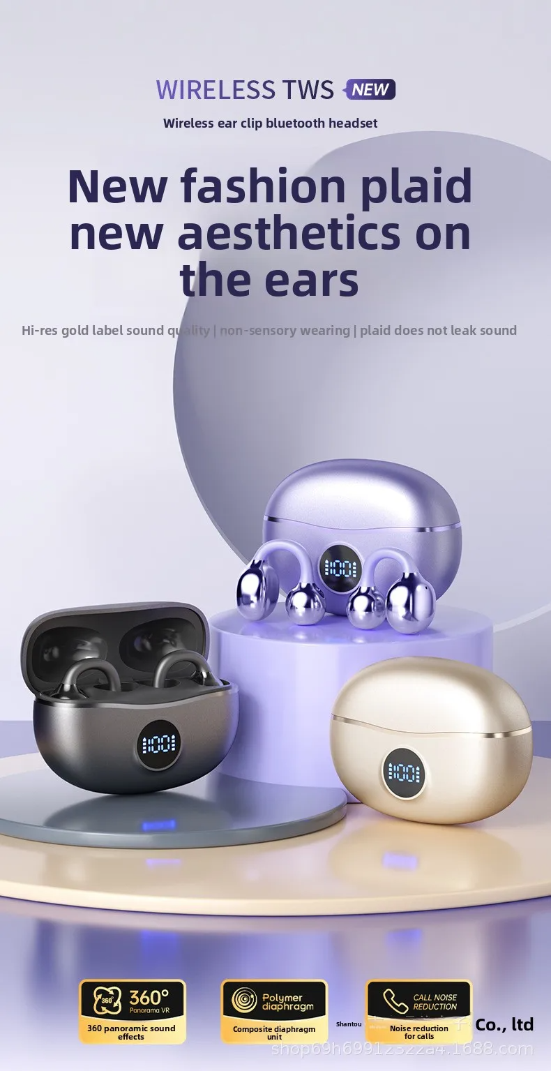 Clip on Earbuds Open Ear Wireless Bluetooth 5.4 Headphones with Mic,50H Play,Noise Cancelling,Comfortable Sports Ear Buds