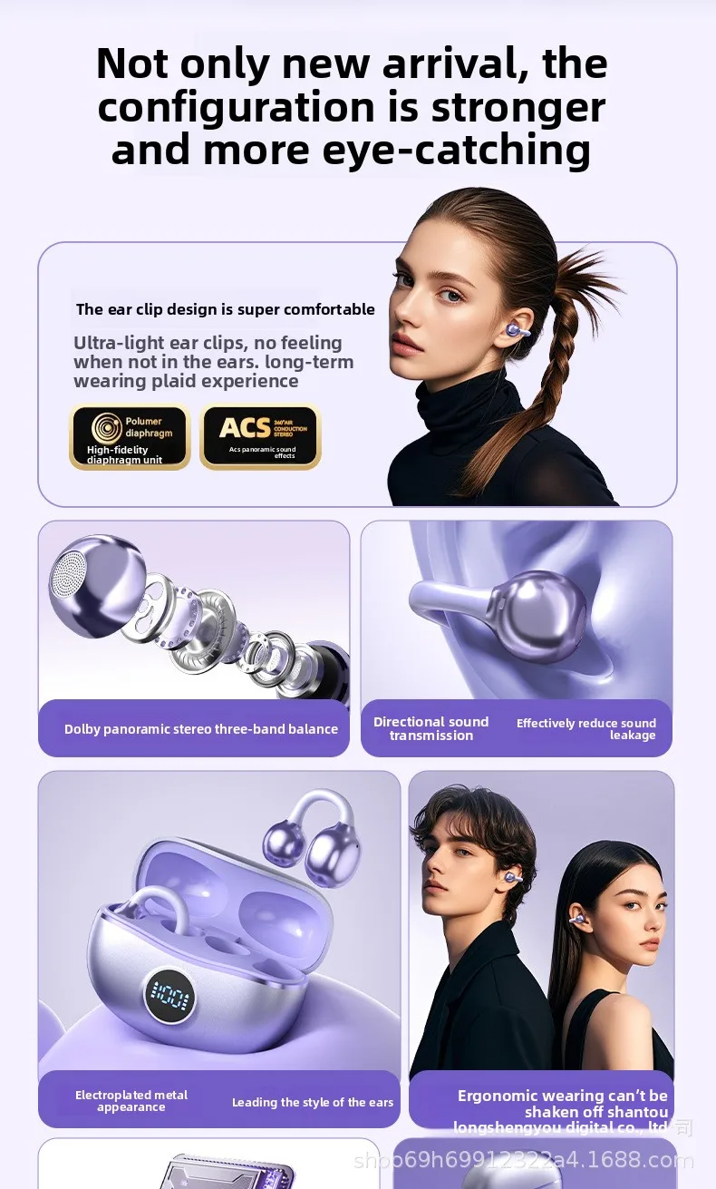 Clip on Earbuds Open Ear Wireless Bluetooth 5.4 Headphones with Mic,50H Play,Noise Cancelling,Comfortable Sports Ear Buds