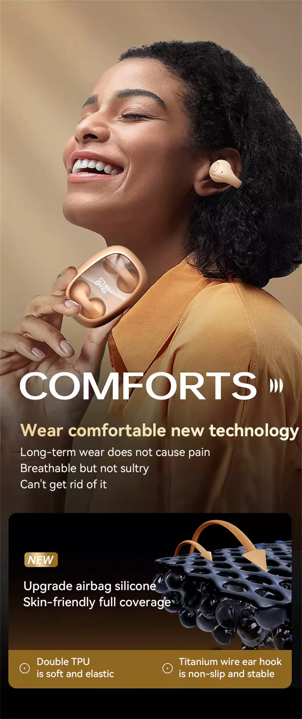 Earclip Bluetooth Headset Transparent Digital Display HiFi Stereo Noise-reducing Earplugs Waterproof Sports Headphones For Phone