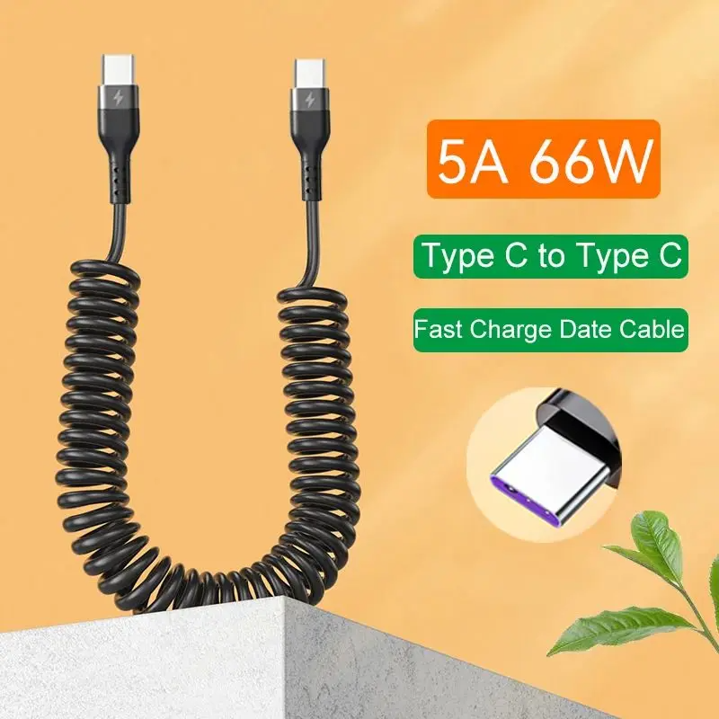 PD66W 5A Double USB-C To Type C Fast Charging Spring Data Cable Telescopic Car Charger Cord For Samsung Huawei Xiaomi Macbook