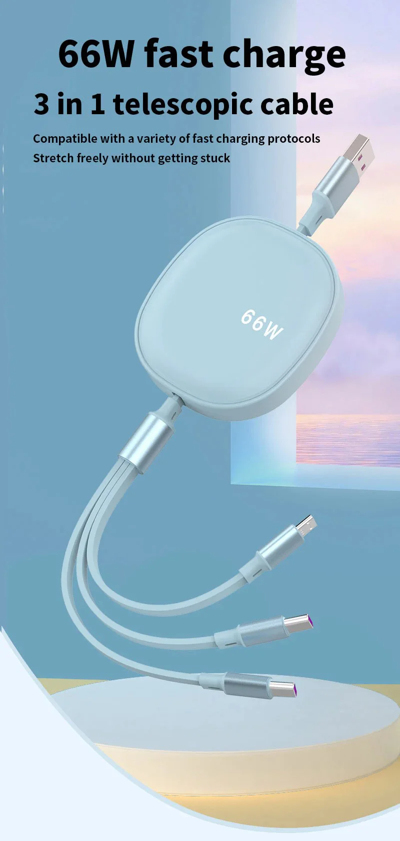 3 in 1 USB C Cable Retractable Fast Charger Cable 66W USB Type C Cable For realme c25 c25s c25yoppo find x2 pro