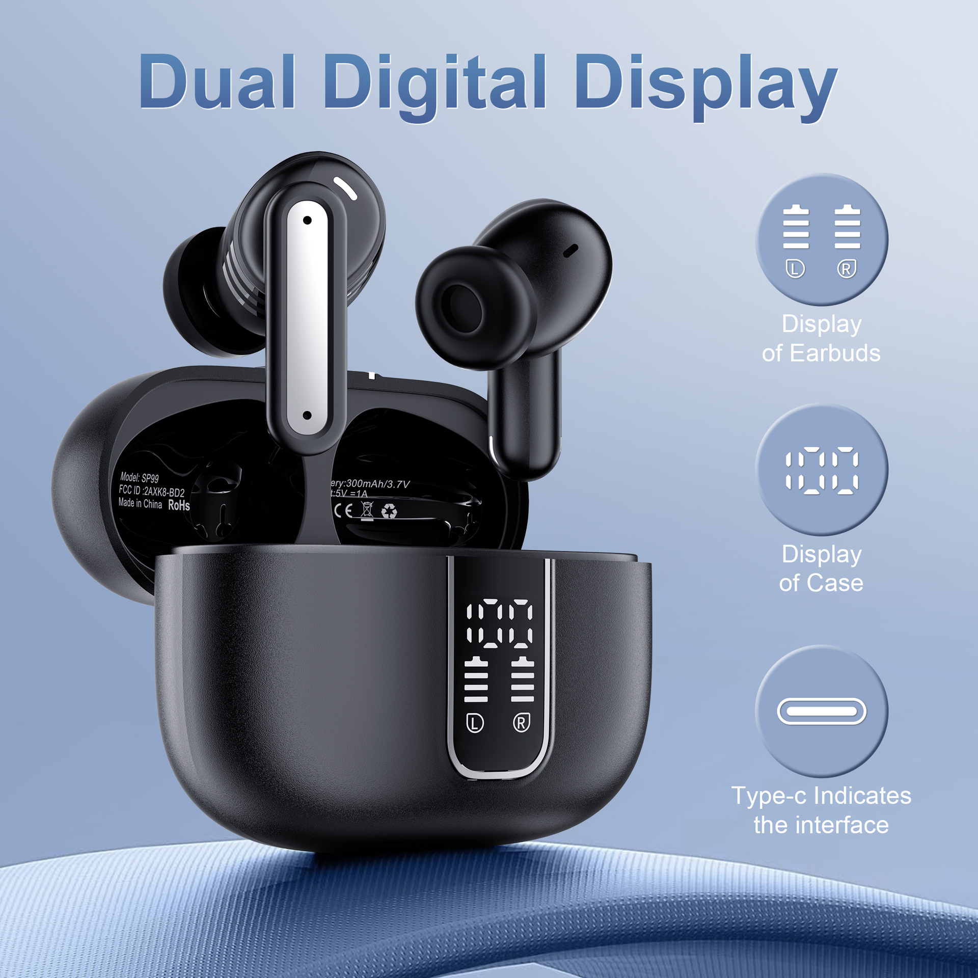 Wireless Bluetooth Earbuds Headphones with Dual LED Display