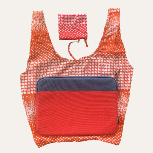 Handmade Foldable Compact Shopper Bag Red Coral Houndstooth