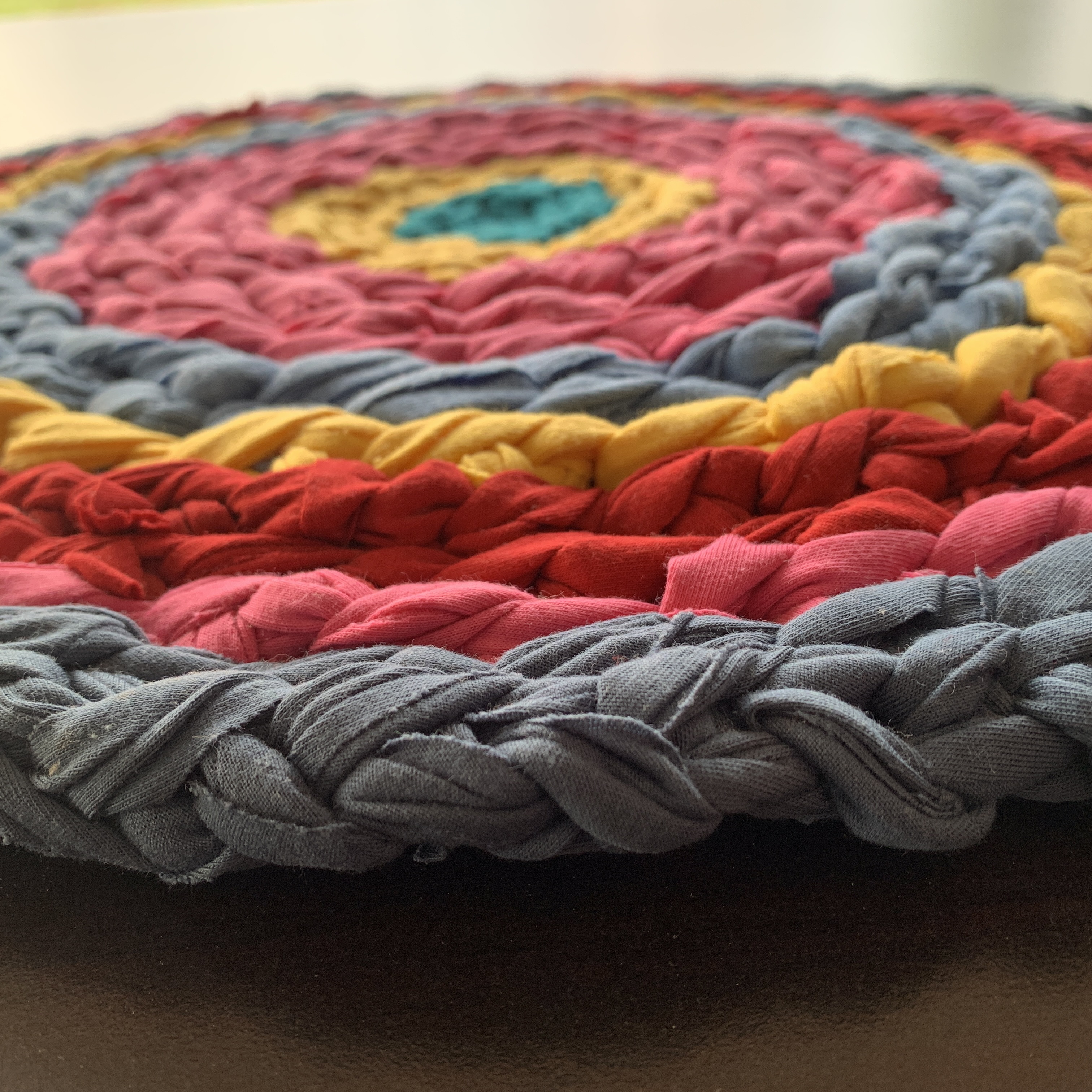 Handmade Vintage Retro Round Cotton Rug Blue Pink Yellow 42cm