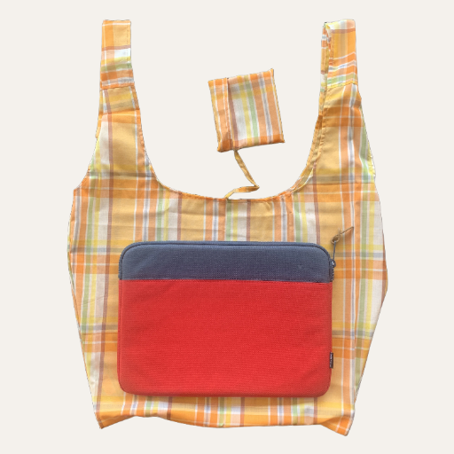 Handmade Foldable Compact Shopper Bag Orange Yellow Check