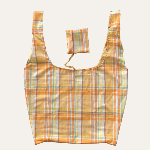 Handmade Foldable Compact Shopper Bag Orange Yellow Check