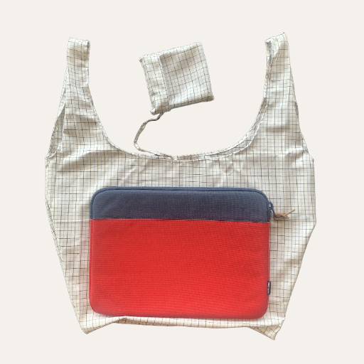 Handmade Foldable Compact Shopper Bag White Blue Check